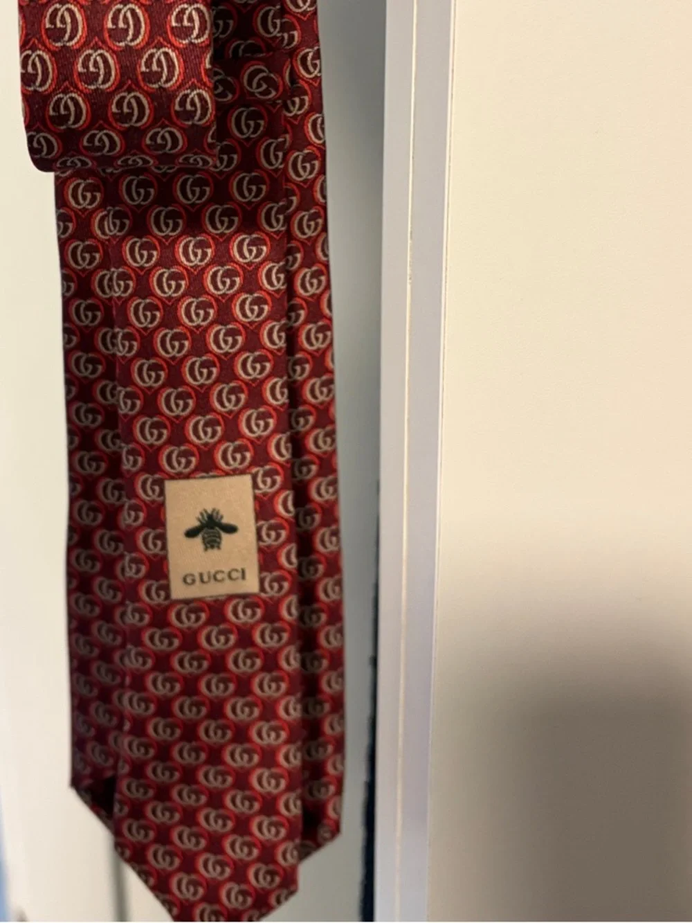 Gucci Red and White GG Motif Silk Tie